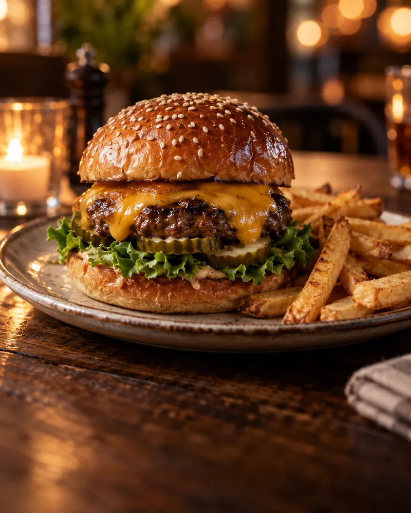 A cheeseburger and golden fries at a warmly lit bistro table
