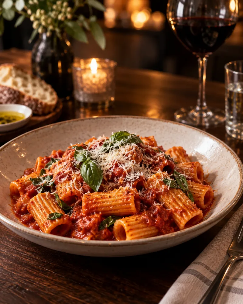 A plate of tomato and basil rigatoni at a warmly lit restaurant table