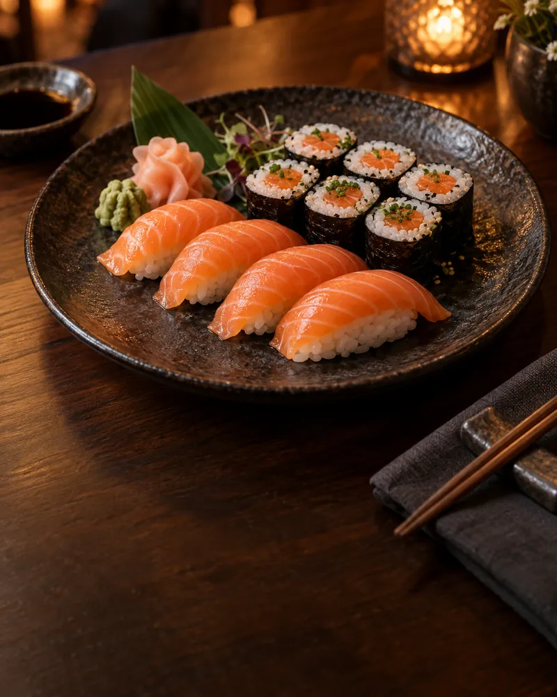Salmon nigiri and maki on a ceramic plate at a warmly lit restaurant