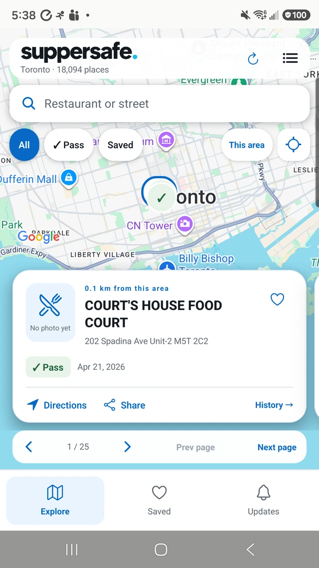 SupperSafe Android map view of inspected Toronto food places